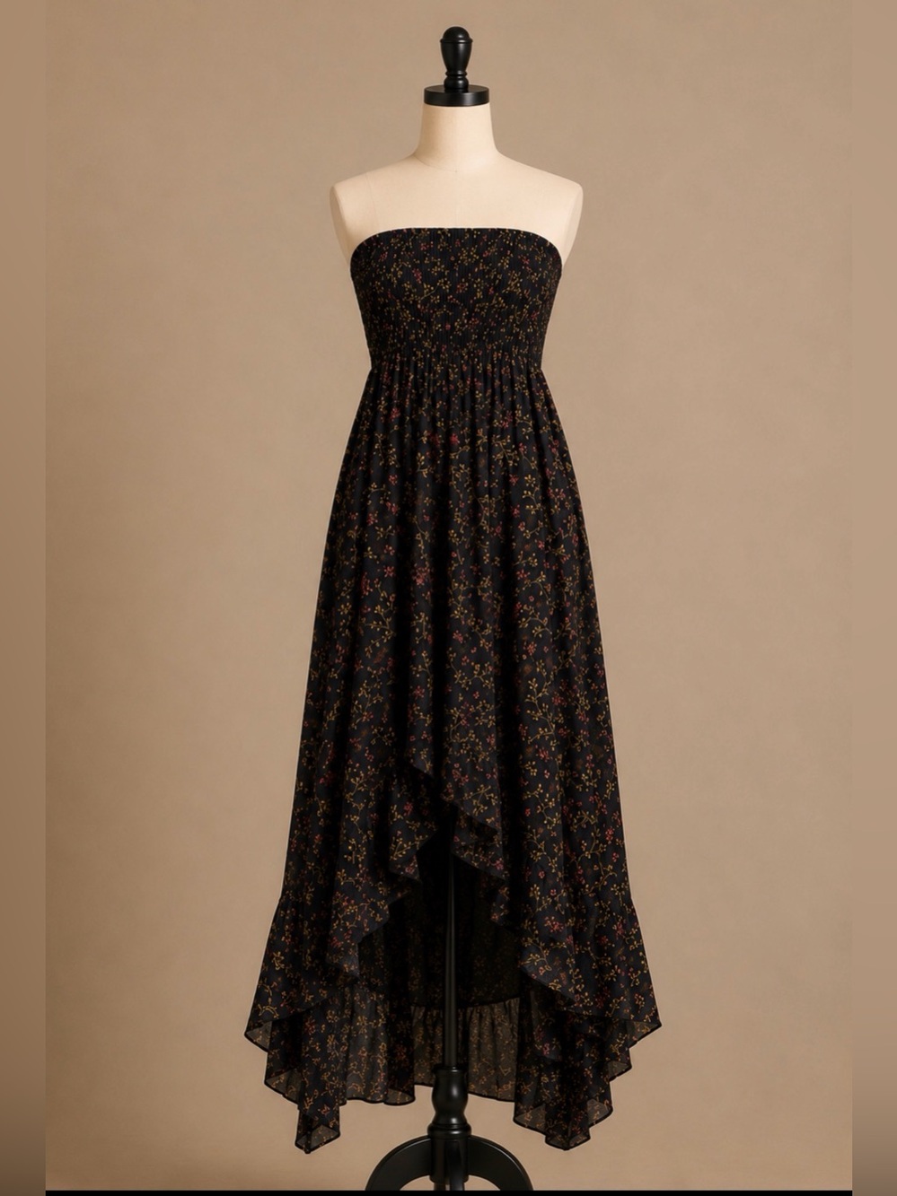 Olivaceous Black Strapless Floral High-Low Maxi Dress